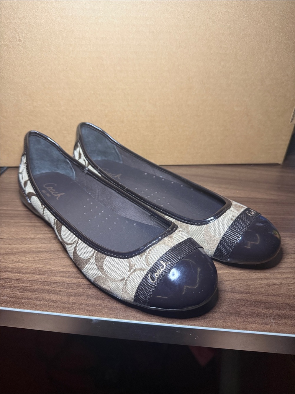 Coach Cecile Brown Signature Canvas Ballet Flats with Dark Brown Patent Cap 7.5